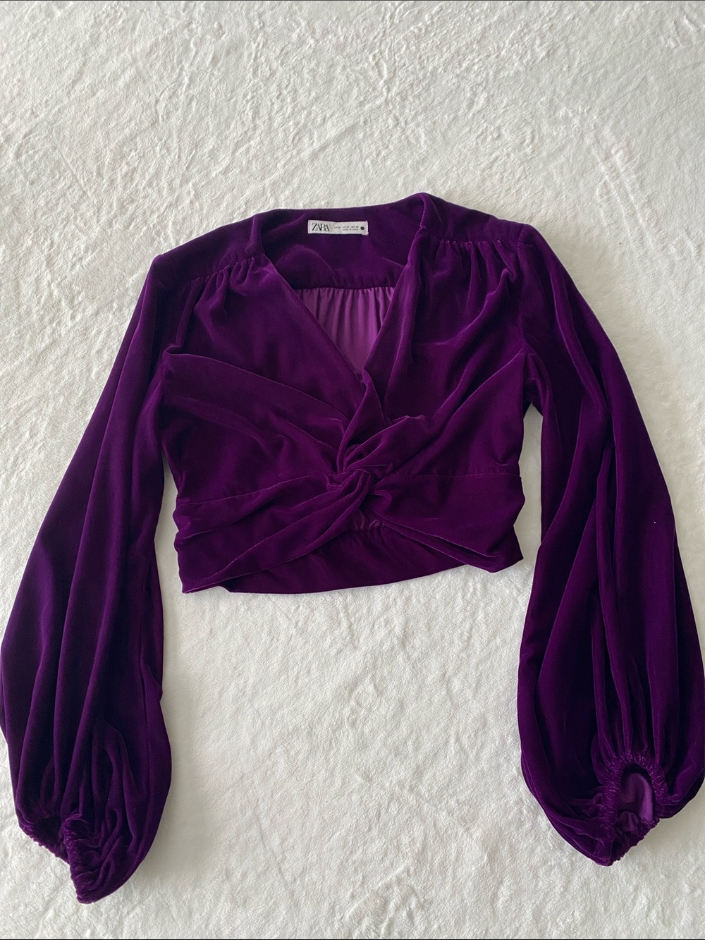 Zara Deep Purple Velvet Twist-Front Long Sleeve Crop Top
